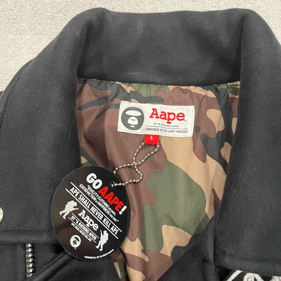 [L]Aape Black Graphic Men's Bomber Moto Jacket - Picture 3 of 11